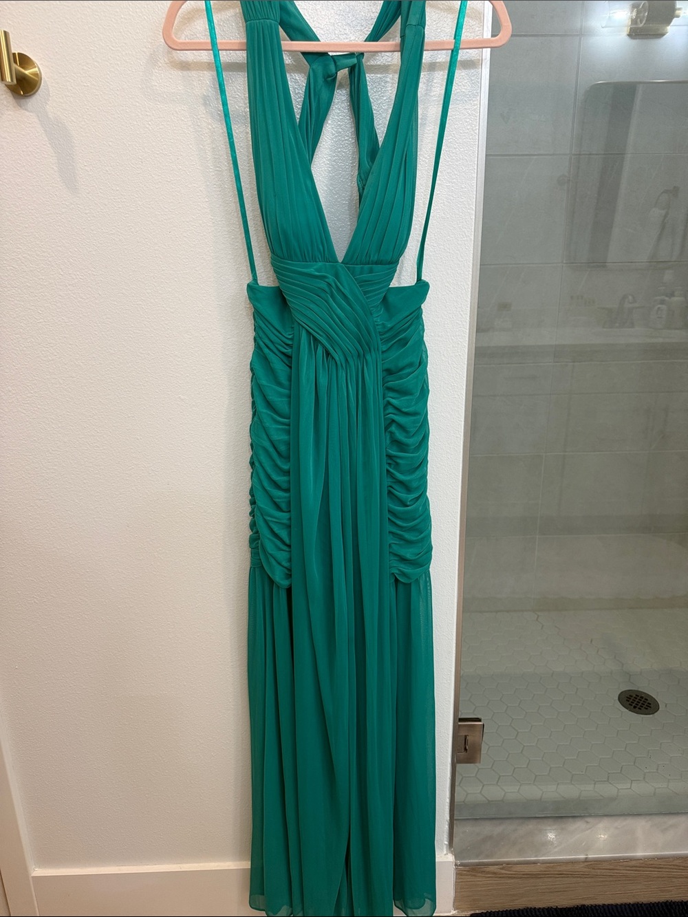 Adrianna Papell Teal Green Backless Ruched Halter Maxi Dress